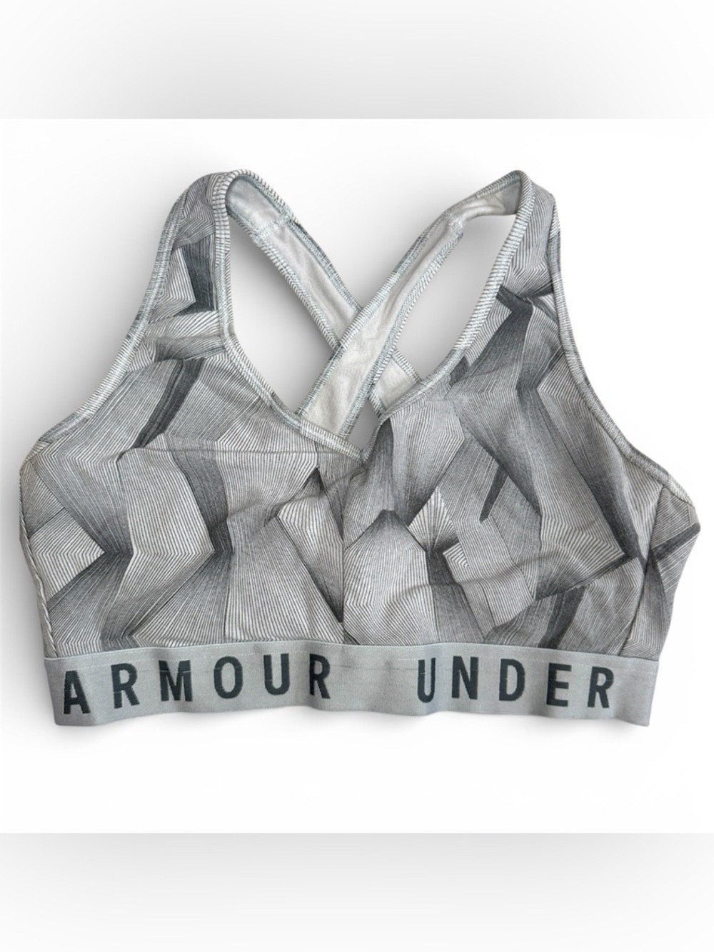 Under Armour Womens Large V Neck Sports Bra Cross Back Gray Geometric